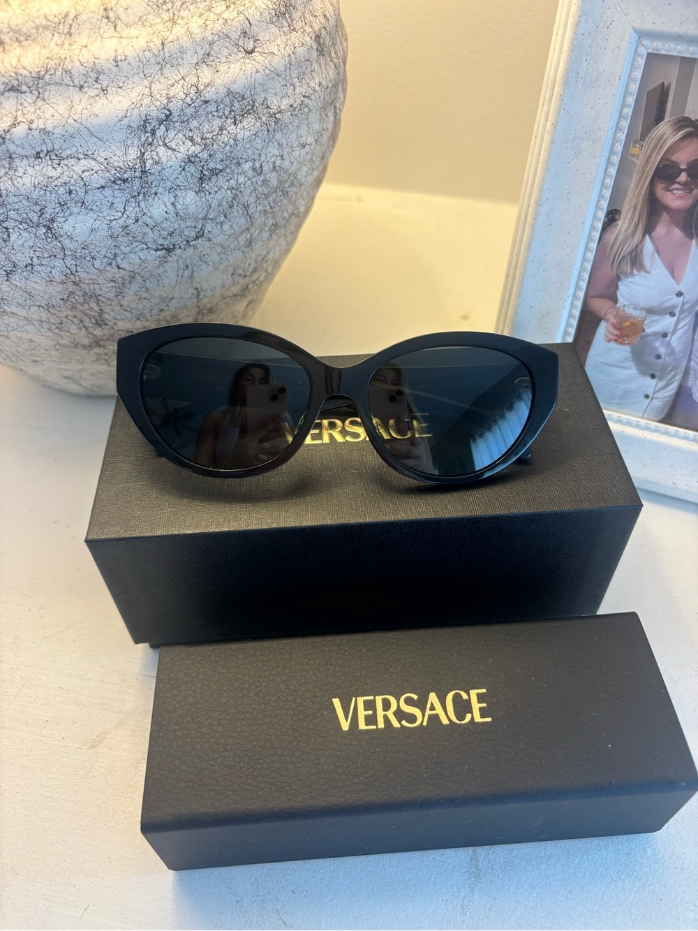 Versace Black Cat-Eye Women's Sunglasses with Dark Lenses
